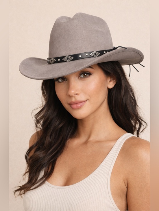 Accessories - Suede Western Fedora Hat in Taupe with Studded Band
